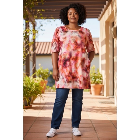 Tops - Chicos French Terry Tie-Dye Poof Sleeve Pockets Cotton ‎ Dress Shirt Sz 2 US L